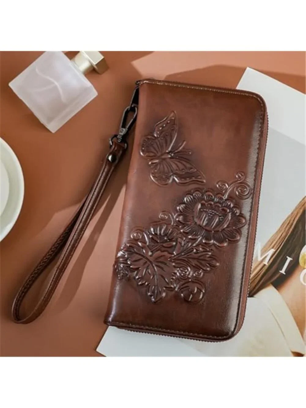 Womens RFID Blocking Wallet Vegan Leather Embossed Floral Wristlet Purse Travel
